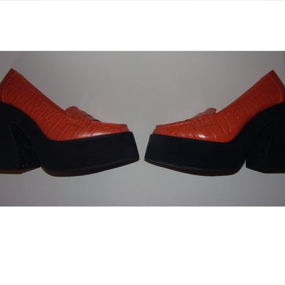 Orange Faux Leather Croc Platform Flare Heel Loafers - Picture 5 of 6